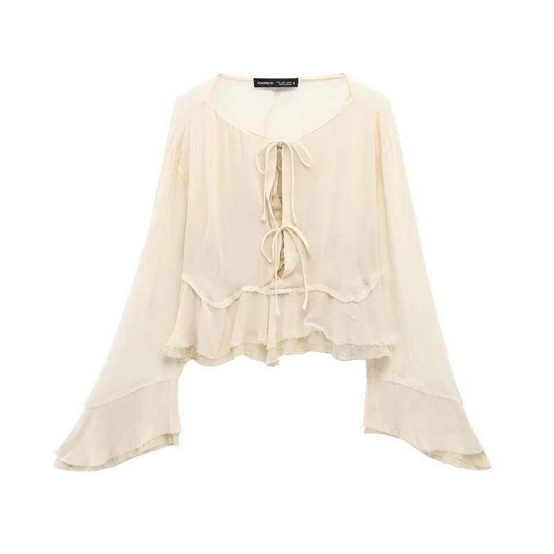 

TRAFZR Women's Bohemian Blouse V-Neck Bell Sleeve Cascading Ruffles Breathable Loose Fit 2025 Spring Summer Resort To Streetwear