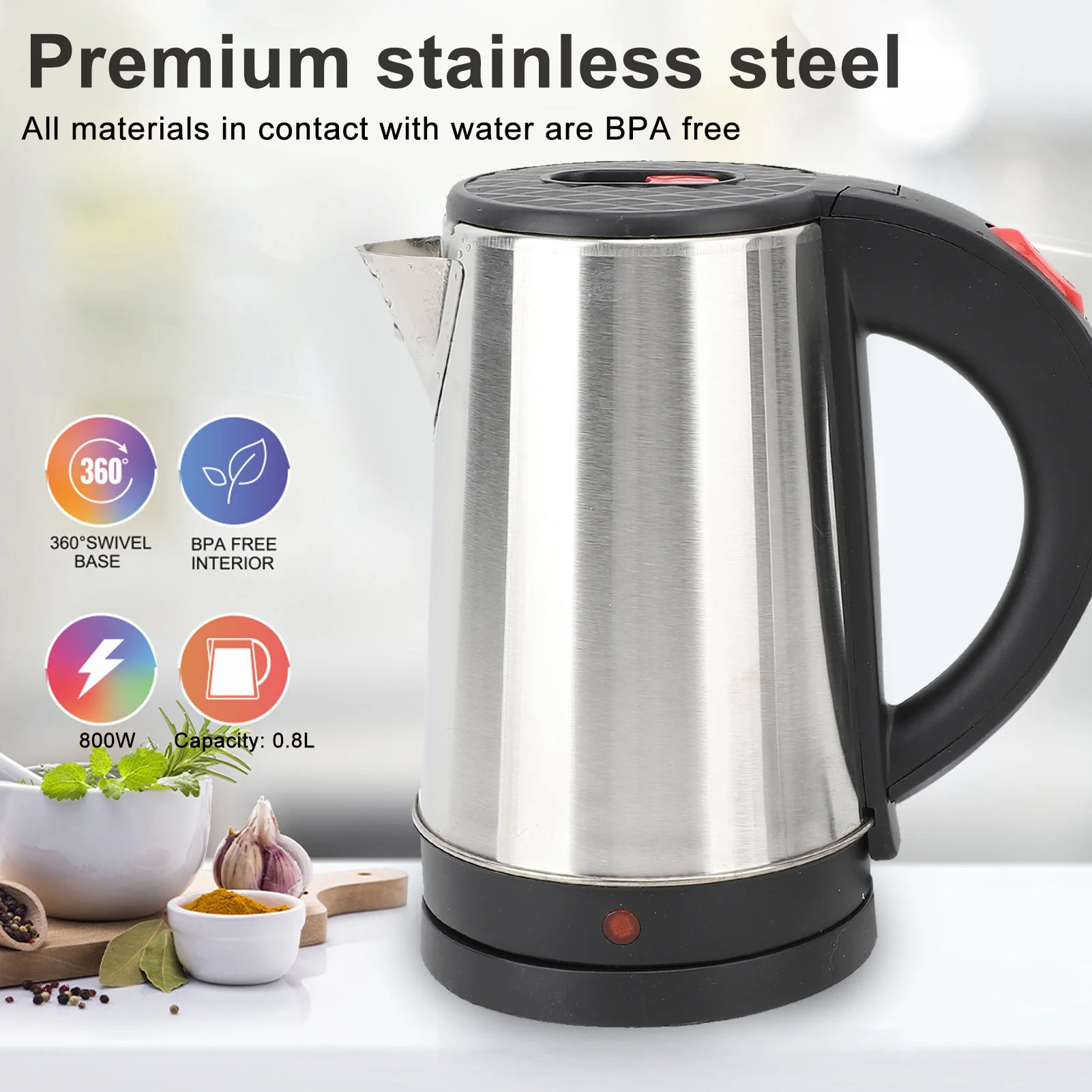 

Электрический чайник из нержавеющей стали с быстрым кипением и автоматическим отключением, электрический водонагреватель для кофе, чая, 0,8 л