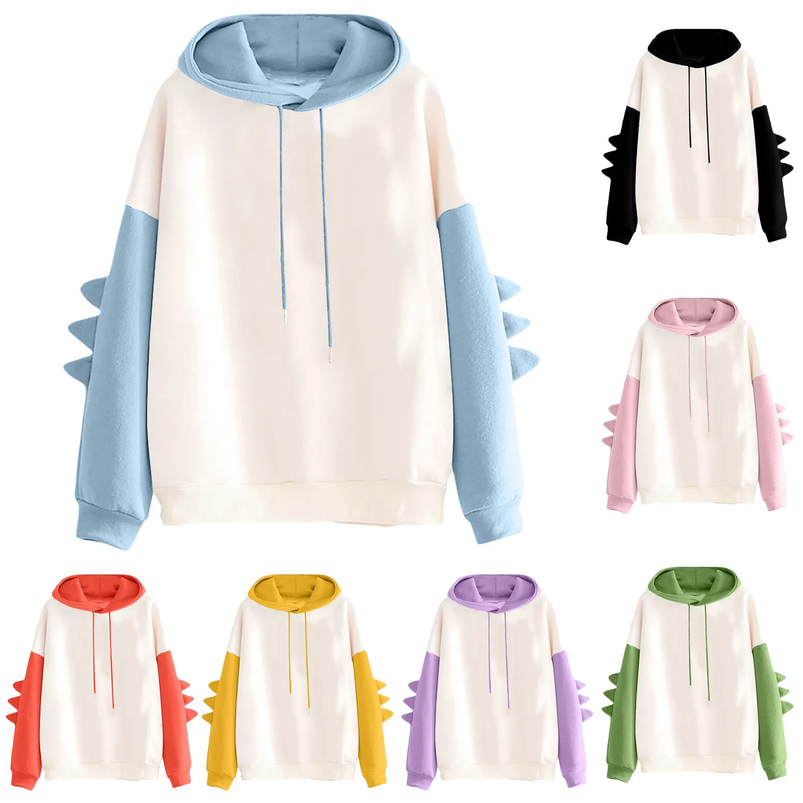 Hoodie kartun dinosaurus wanita, Hoodie bulu tebal hangat lengan panjang sambungan, Hoodie angin dua warna untuk wanita