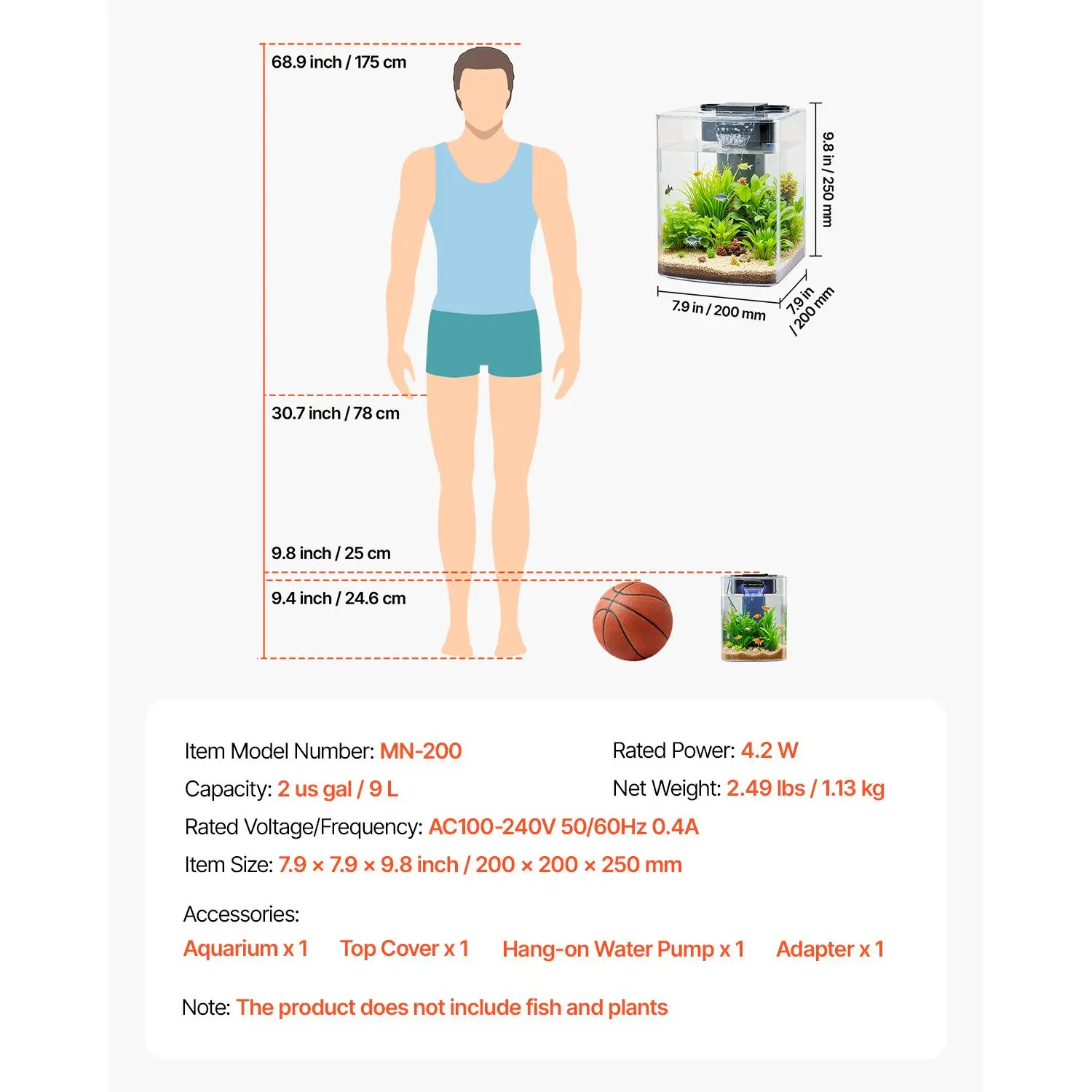Fish Tank Aquarium, 2 Gallon Arch Ultra-Clear GPPS Starter Smart Tank Adjustable 3 Color Lighting, Self Cleaning System Fishbowl for Freshwater & Saltwater Fish Home, Office, or Pet Use