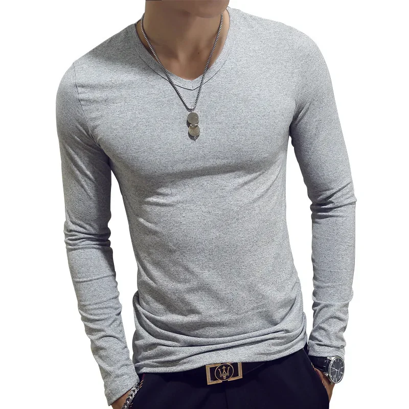 Autumn Men's V-neck Long Sleeve T-shirt Solid Color Tight Fitness Casual T-shirt Top Youth Base Layer