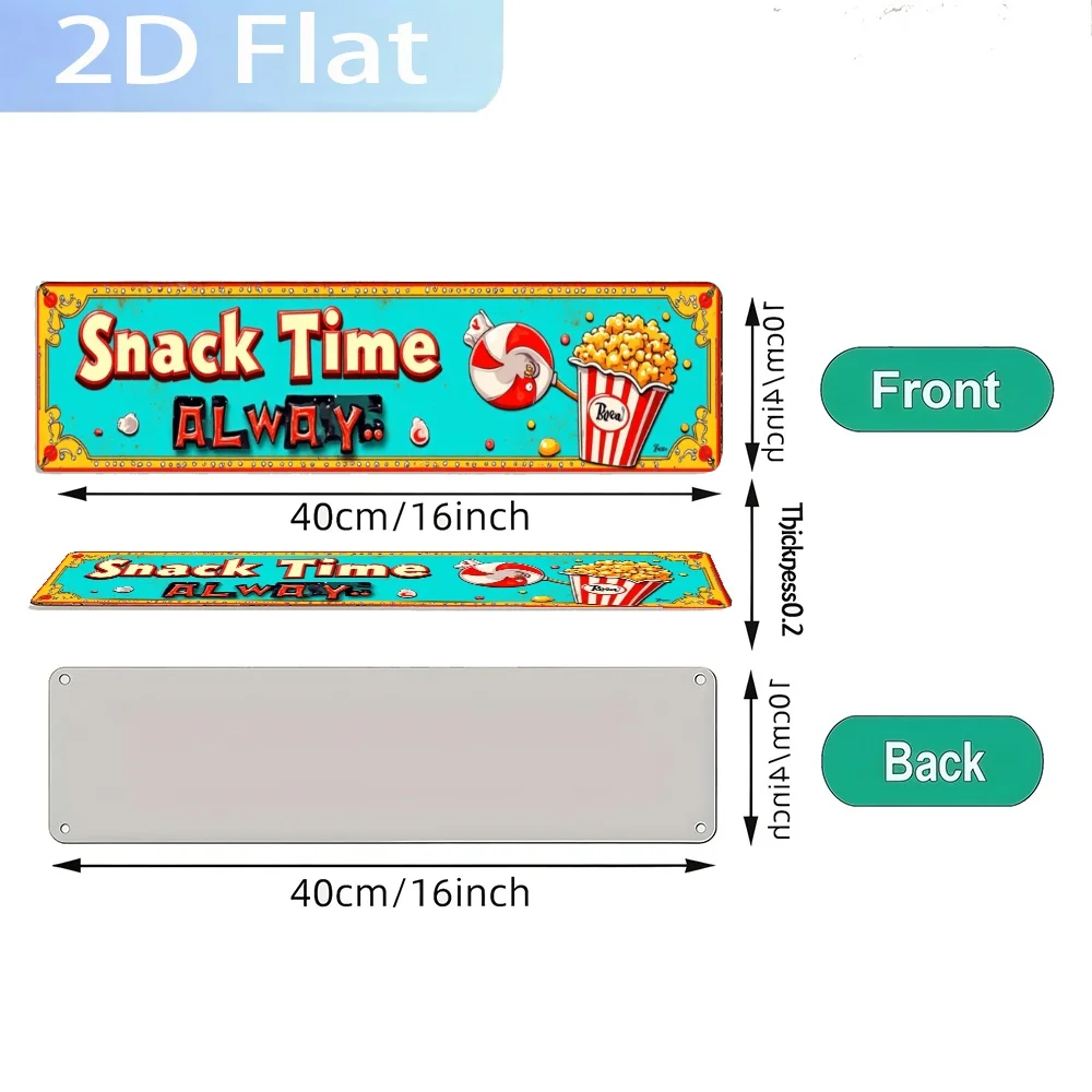 2D Flat, Vintage Snack Time Always with Snacks Metal Sign, UV Printed Wall Art, Durable Decoration for Home, Cafe, Garden