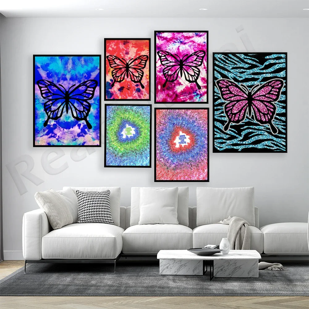 Psychedelic inspired positive motivational poster, butterfly tie dye, butterfly lovers, glitter aesthetic psychedelic colorful