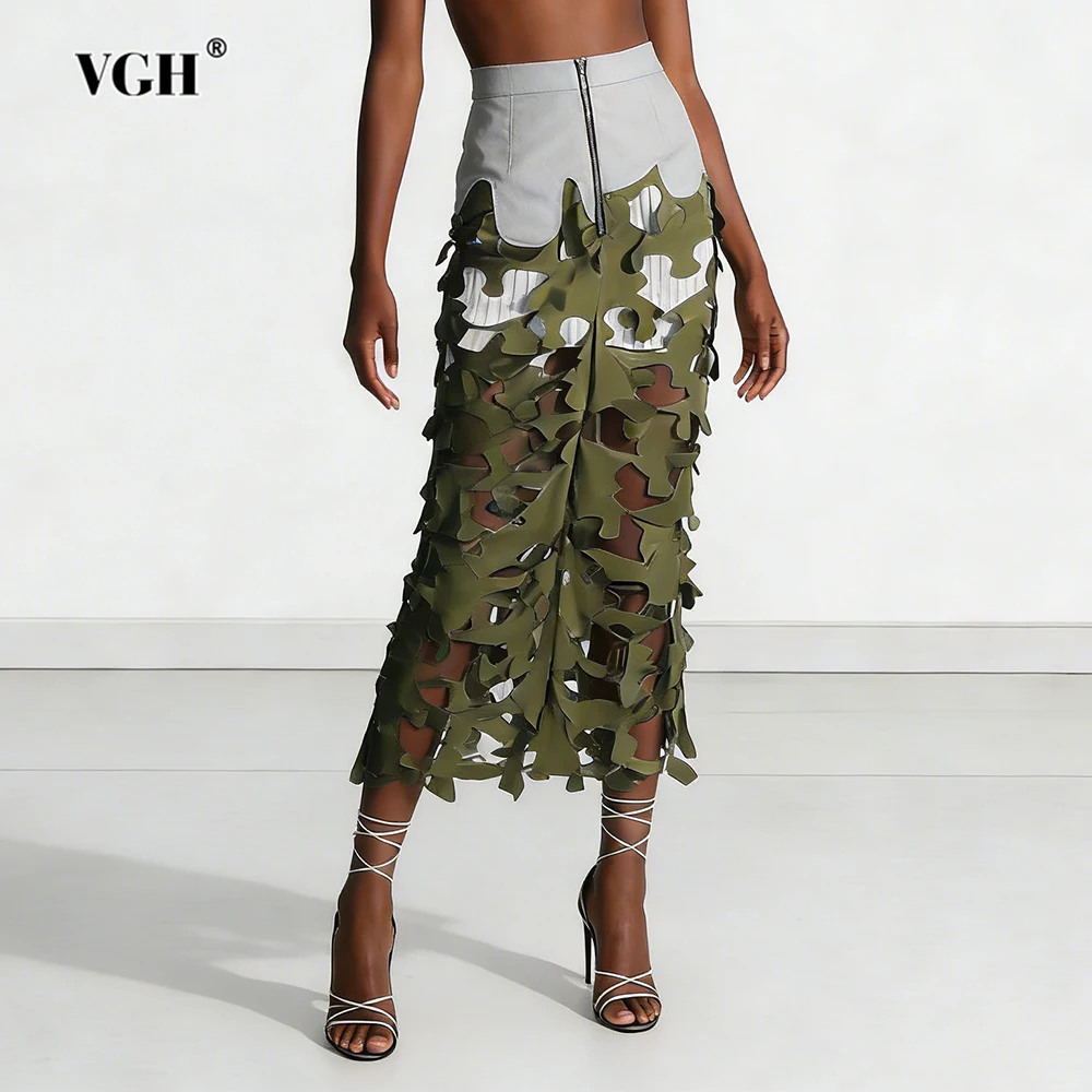 

VGH Design Sense Hit Color Hollow Out Skirts For Women High Waist Spliced Zipper Summer Casual Slimming Long Skirt Female New