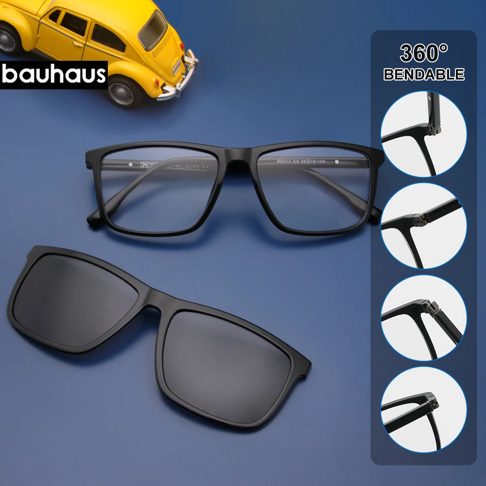RS014 Black Square Ultem Eyeglasses Men Polarized Magnetic Clip On Sunglasses Lightweight 360 Rotation Temple