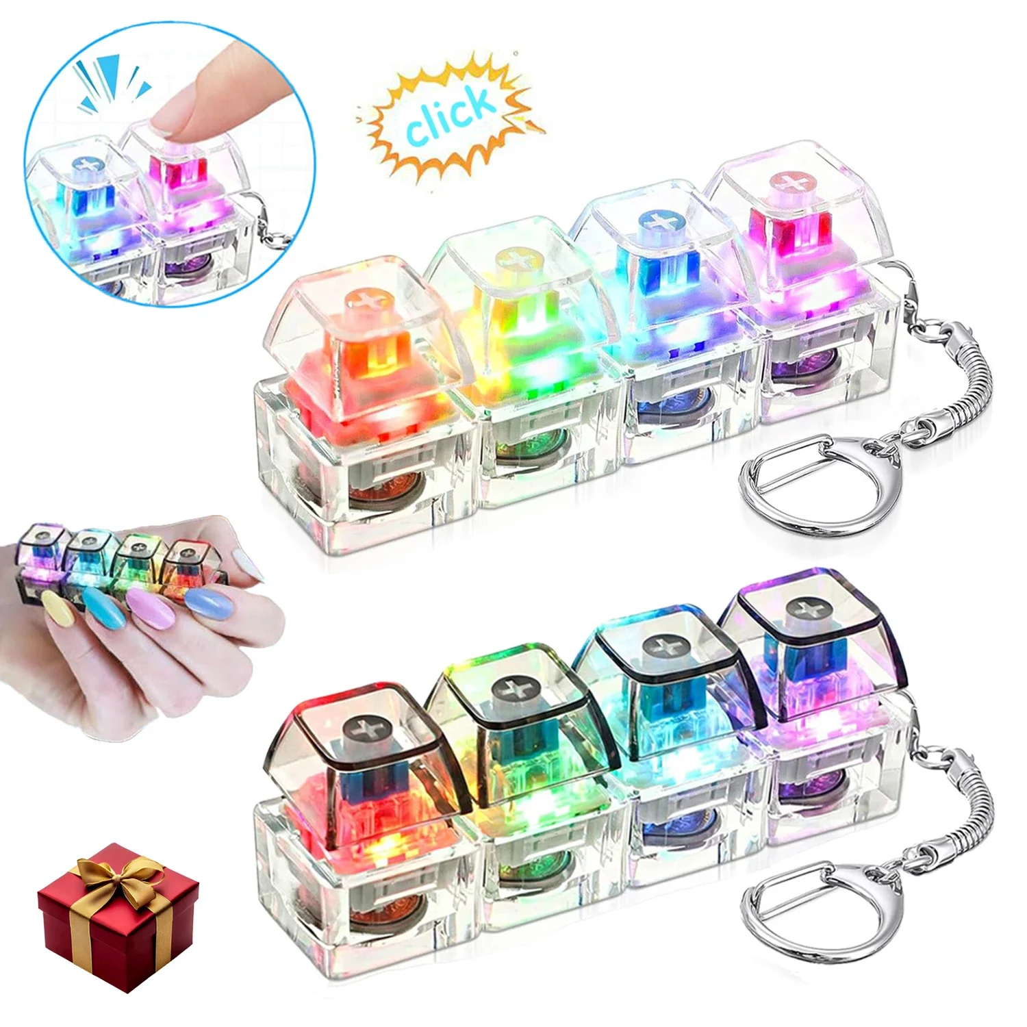Keyboard Fidget Keychain with LED Lights  Stress Relief Clicker Toy for Anxiety Relief Decompression Toy Pendant Gifts