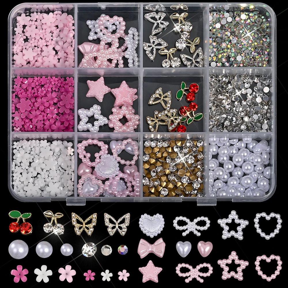 12 Griglie di Decorazioni per Unghie 3D con Perle Rosa e Bianche, Cuori, Fiocchi, Farfalle in Metallo, Strass e Fiori Acrilici
