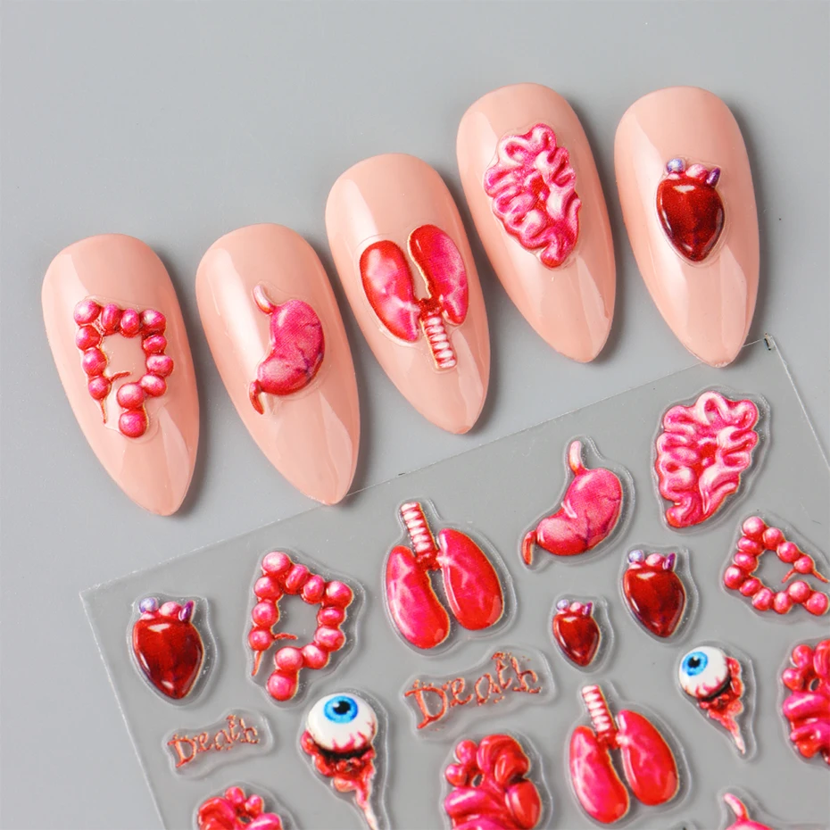 2 stücke 5D Envy Eye Halloween Nail art Aufkleber Herz Lunge Rot Farben Terror Design Sliders Maniküre Klebstoff Nail art Dekoration