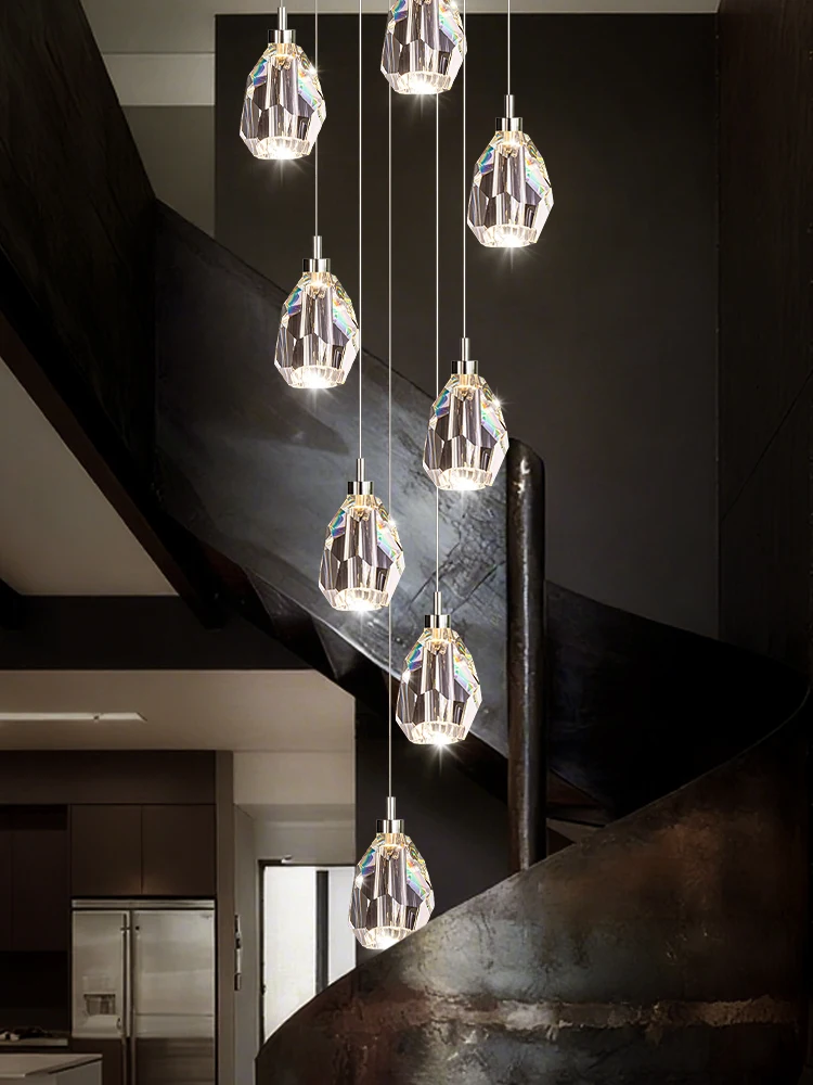 الحديثة الدرج الثريا كريستال طويل الدرج ضوء دوبلكس لوفت الثريا عالية السقف الإضاءة الدرج قلادة الخفيفة