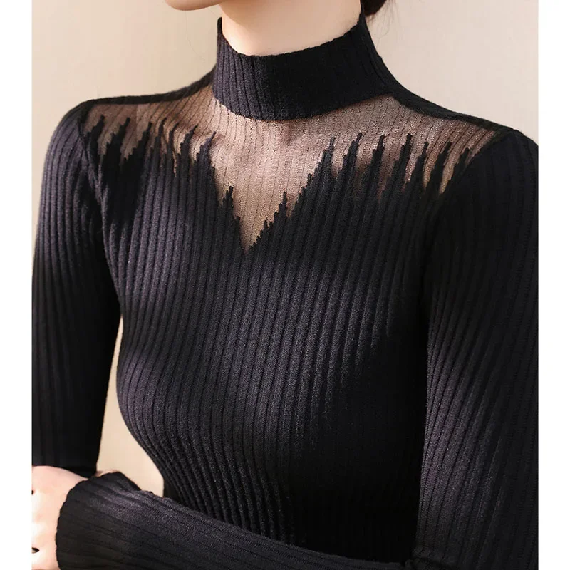 가을 겨울 신상 솔리드 레이스 풀오버 여성 의류 우아한 니트 스웨터 패션 홀로우 아웃 엘라스틱 슬림 탑