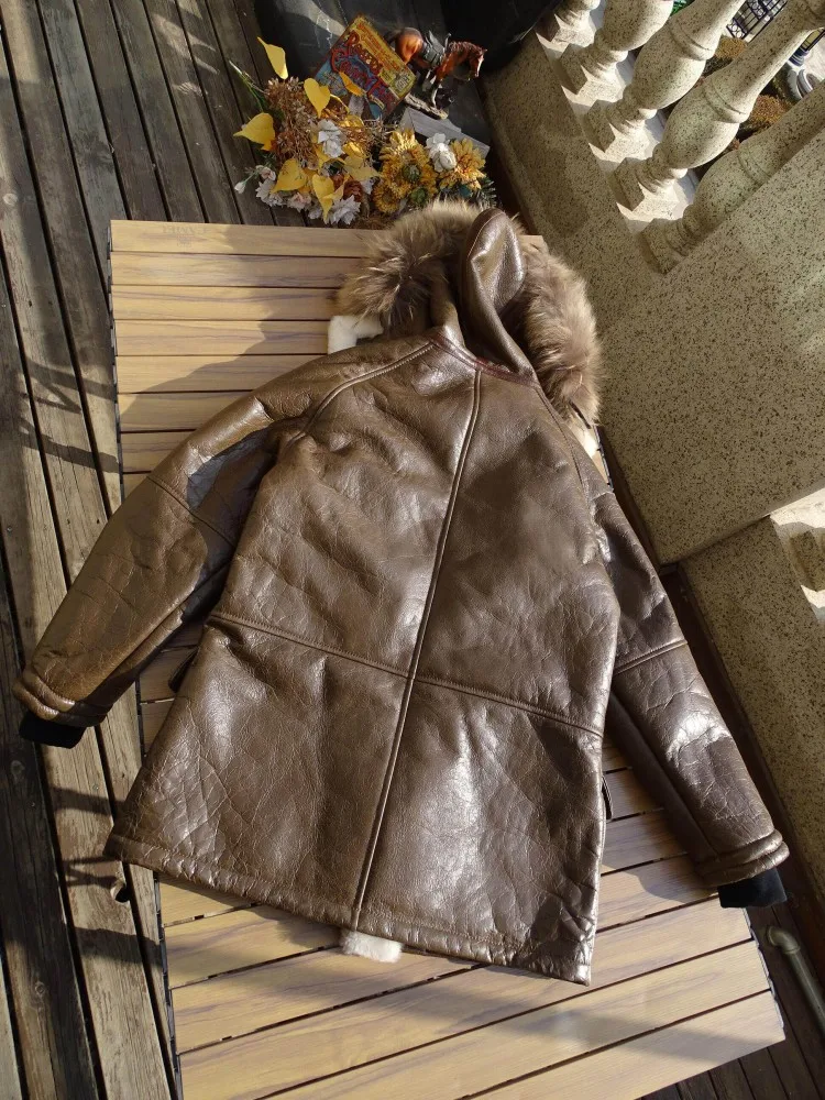 Winter Mens Windproof Loose Wool Cashmere Coat Retro Luxury Sheepskin Real Fur Male Hooded Raccoon Fur Collar Overcoat Outerwear