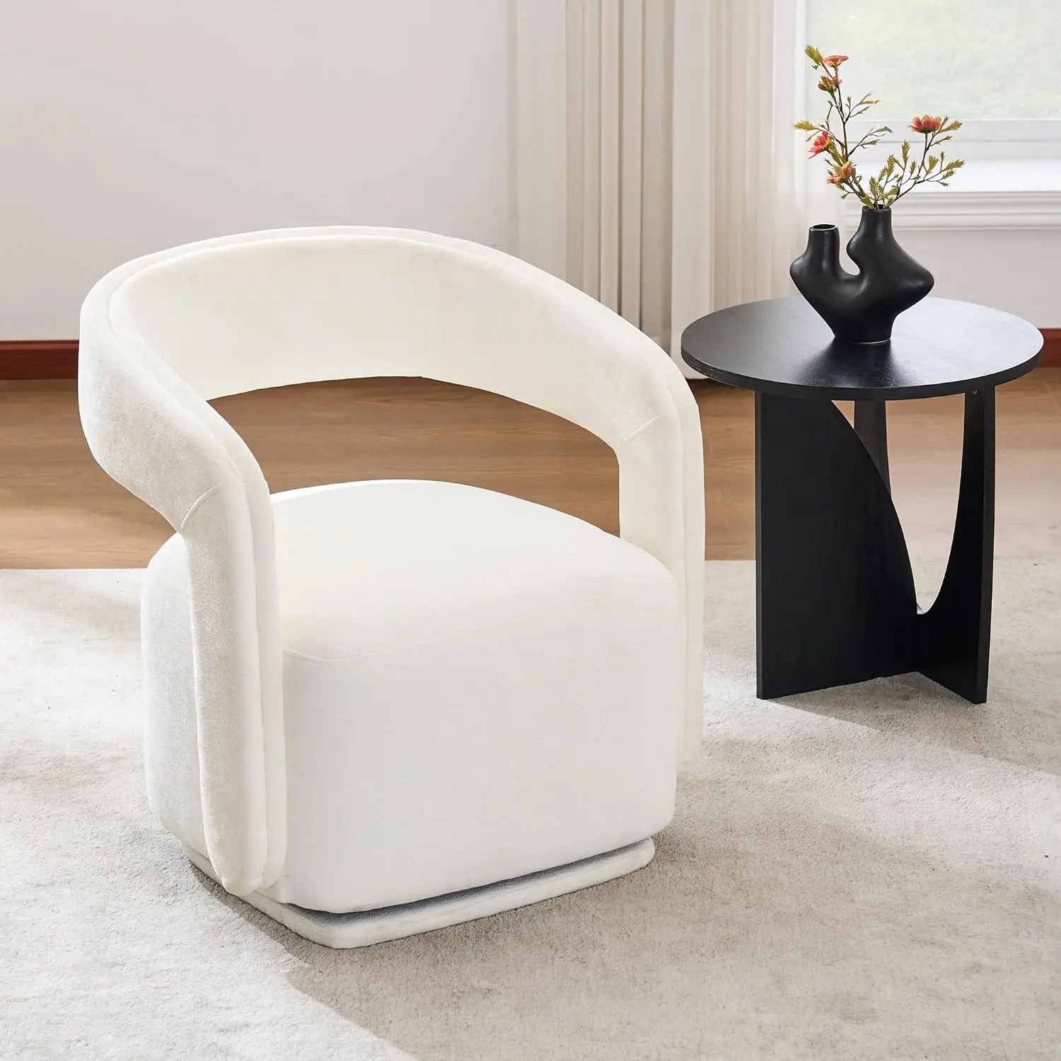 Swivel Accent Chair Open Back 22-Inch Soft Seat Anti-Slip Feet Wood Frame Metal Base Living Room White, Customized