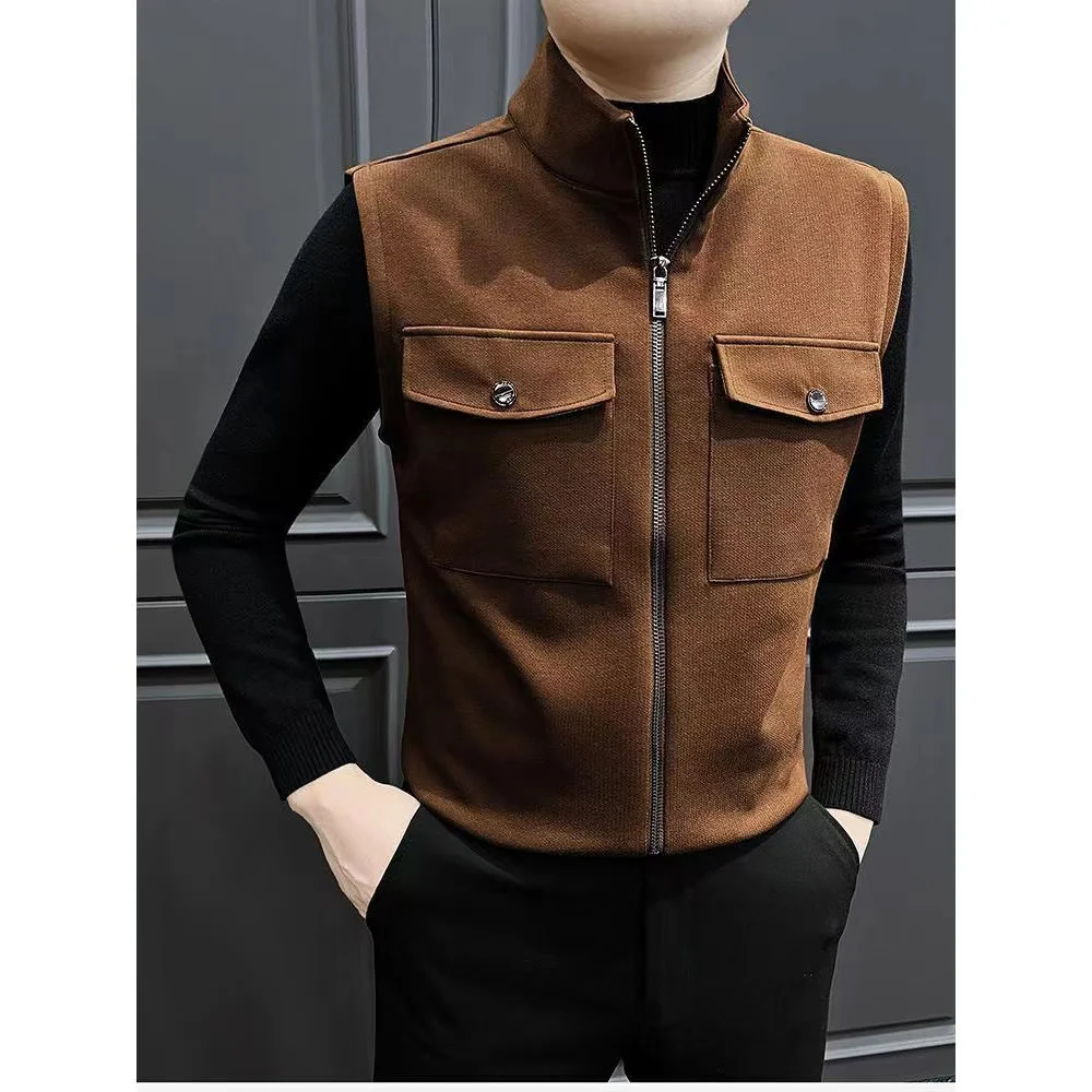 

Faionable Men's Zipper Vest Autumn Winter Outerwear Jaet Multiple kets Trendy Youth Polyester Fiber Svel Stand C...