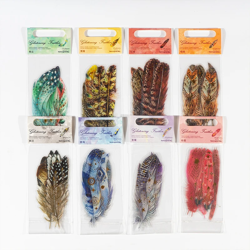 10Pcs Per Pack Feather Decorative Stickers Flash Bronzing hand account Scrapbooking Big Paper Transparent Colorful bird 190*72mm