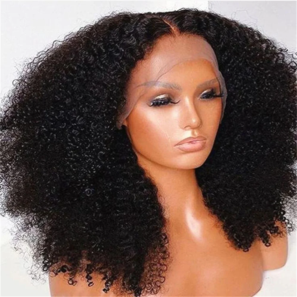 Long Black Kinky Curly Soft Glueless 180Density 26Inch Deep Lace Front Wig For Women With Baby Hair Preplucked Daily