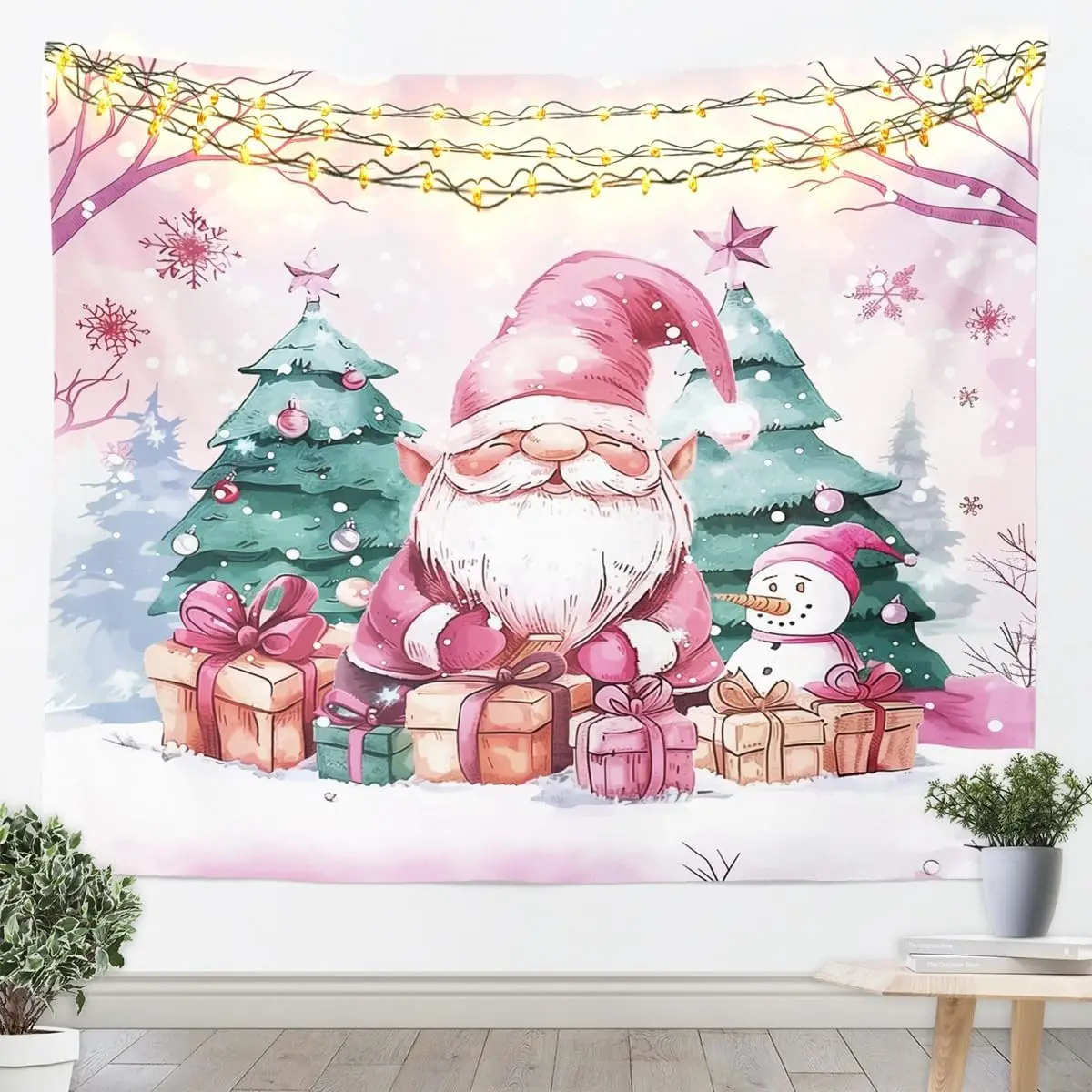 Pink Christmas Tapestry Santa Claus Wall Art for Living Room Bedroom Cute Snowflake Wall Hanging Blanket Merry Christmas Treeand