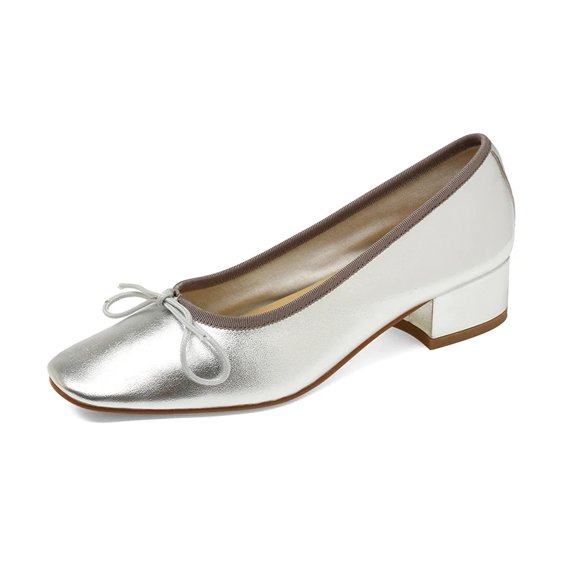 Women Pumps French Romantic Vintage Cow Leather Round Toe Bow-knot Sweet Ballet Shoes Med Heels Slip on Gold Silver Shoes