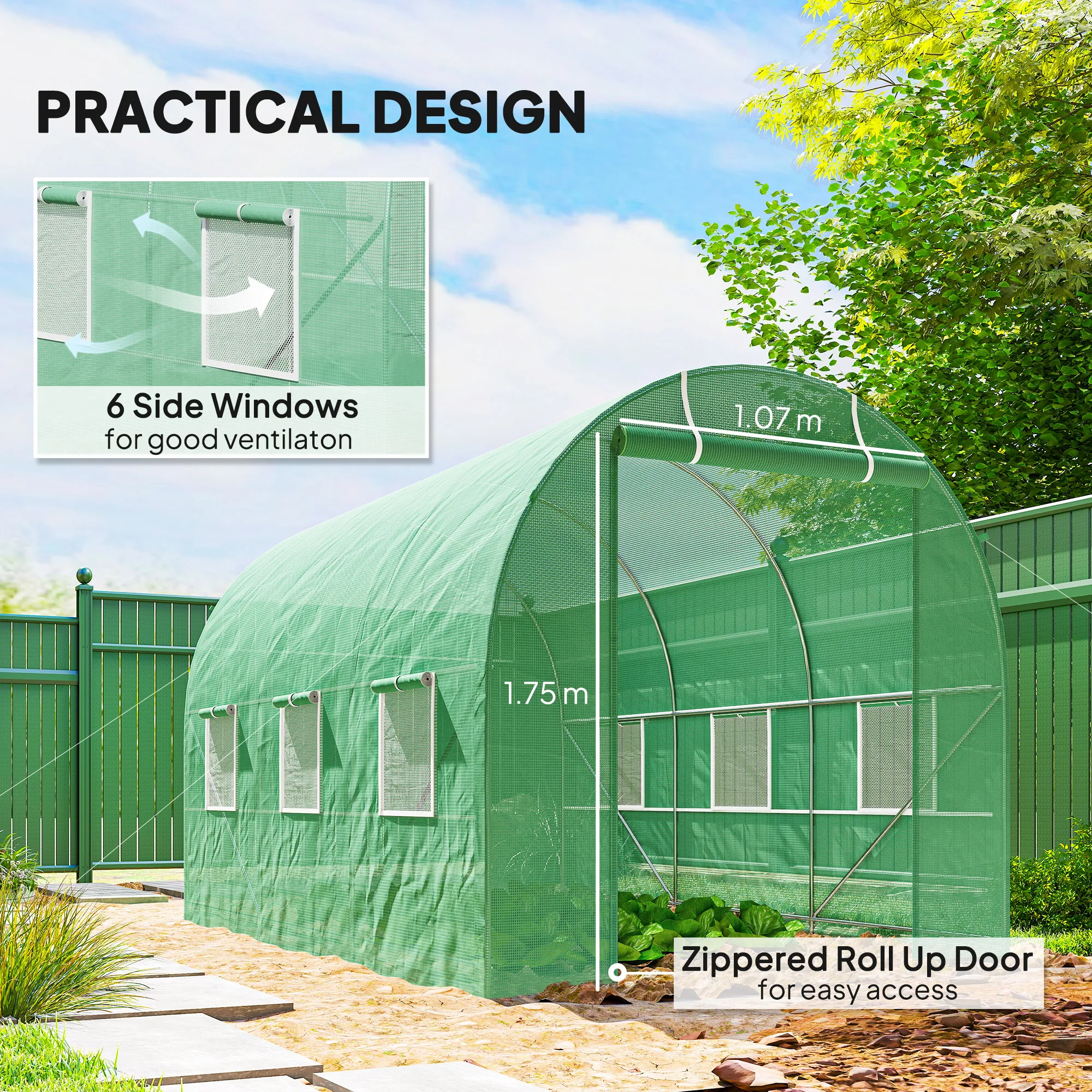 3.5 X 2m Walk-In Polytunnel Greenhouse with Steel Frame Roll up Door Green