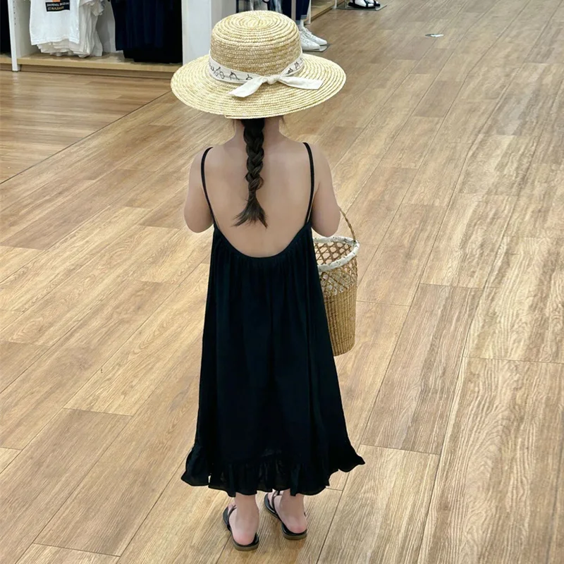 2025 Girls Beach Dress Princess Backless Camisole Summer Vestidos Children's Vacation Gown Kids Solid Color Fashion Clothing