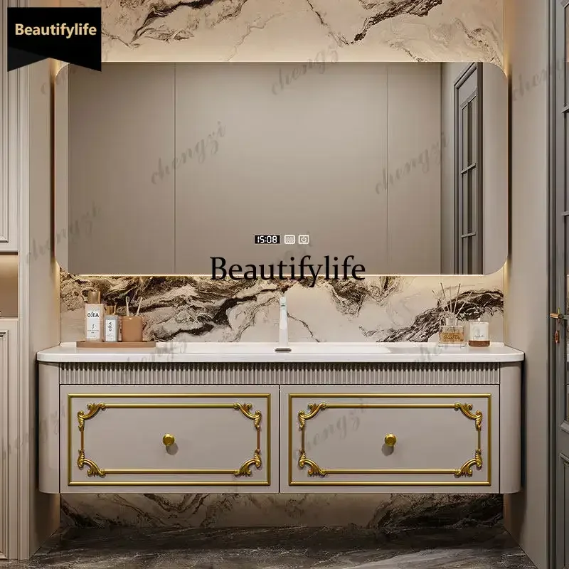 Seamless Integrated Bathroom Furniture Vanity with Slab Stone Basin 2026 New Model Modern Design Wall-Mounted Storage Cabinet b5