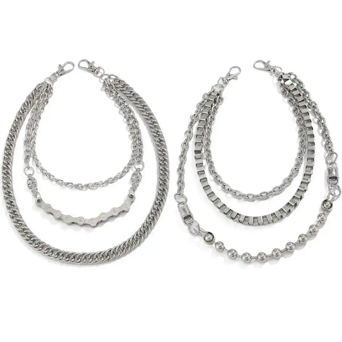 القوطي 2 أنماط متعدد الطبقات فضي اللون الجمجمة سلسلة الخصر حزام على شكل سلسلة بنطلون سلسلة الرجال الهيب هوب الجينز سلسلة مجوهرات