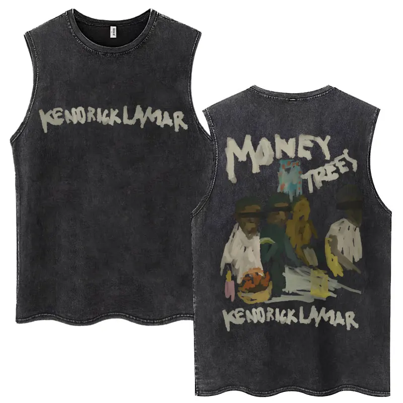 

Washed Vintage Rapper Kendrick Lamar Tank Tops Good Kid Money Trees Men's Hip Hop Sleeveless T Shirt Oversized Cotton T Shirts