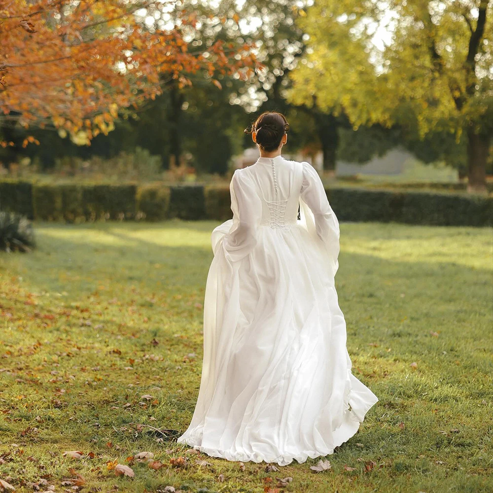 

Muslim Civil Wedding Dresses High Neck Long Sleeves A Line Brides Dress Lace Beading Simple Islam Bridal Gown Customized