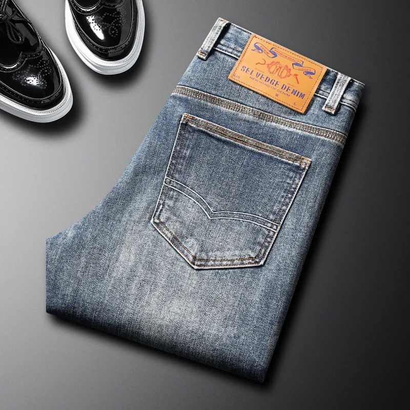 Vintage - Pantalones vaqueros azules de moda de estilo coreano Pantalones rectos elásticos de alta gama Moda para hombres Grueso Otoño Invierno