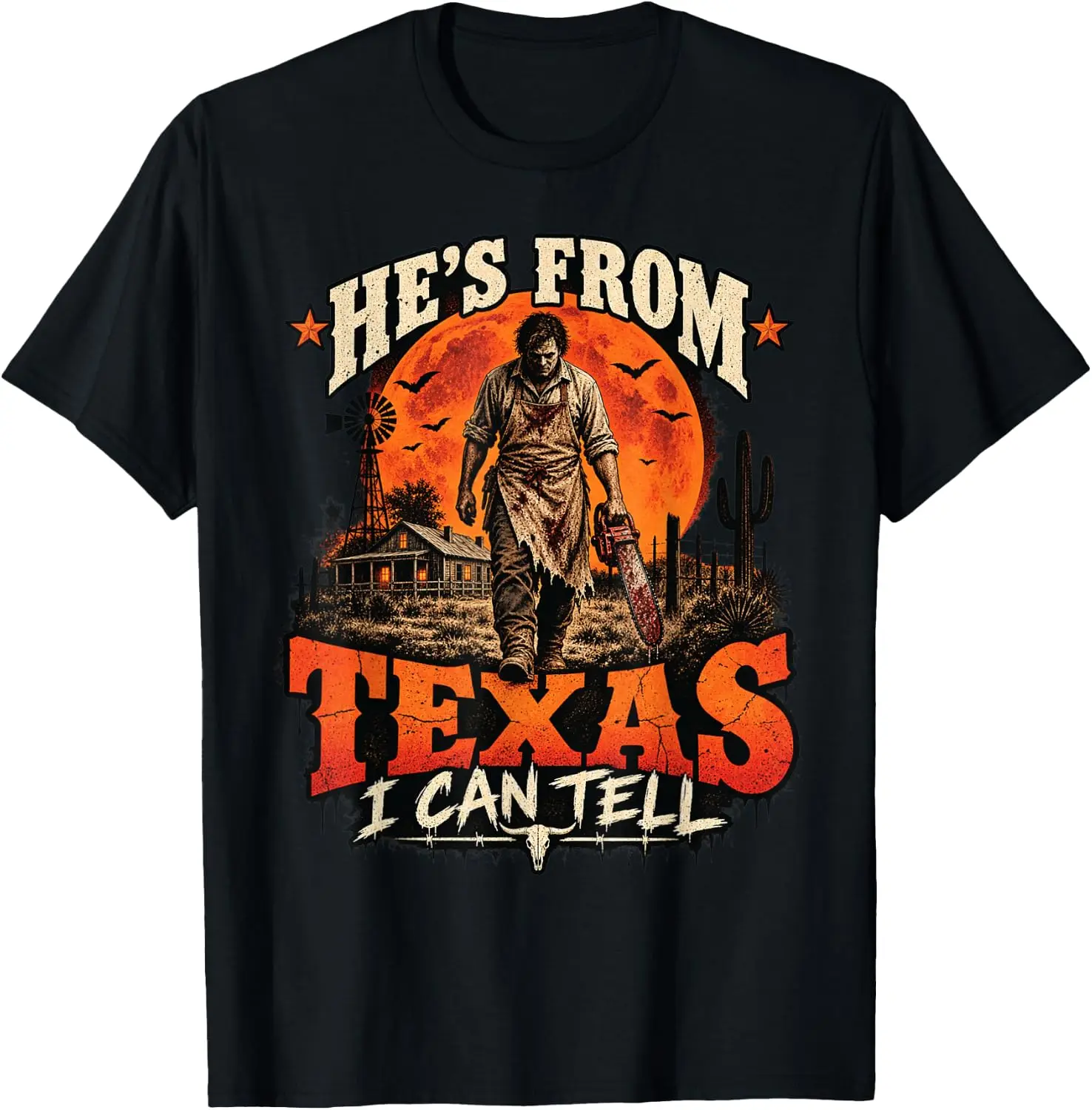 Hes From Texas I Can Tell Chainsaw Horror Halloween Graphic T-Shirt Breathable, Stylish Pure Cotton Short-Sleeve Top—Suitable For All-Season Styling.