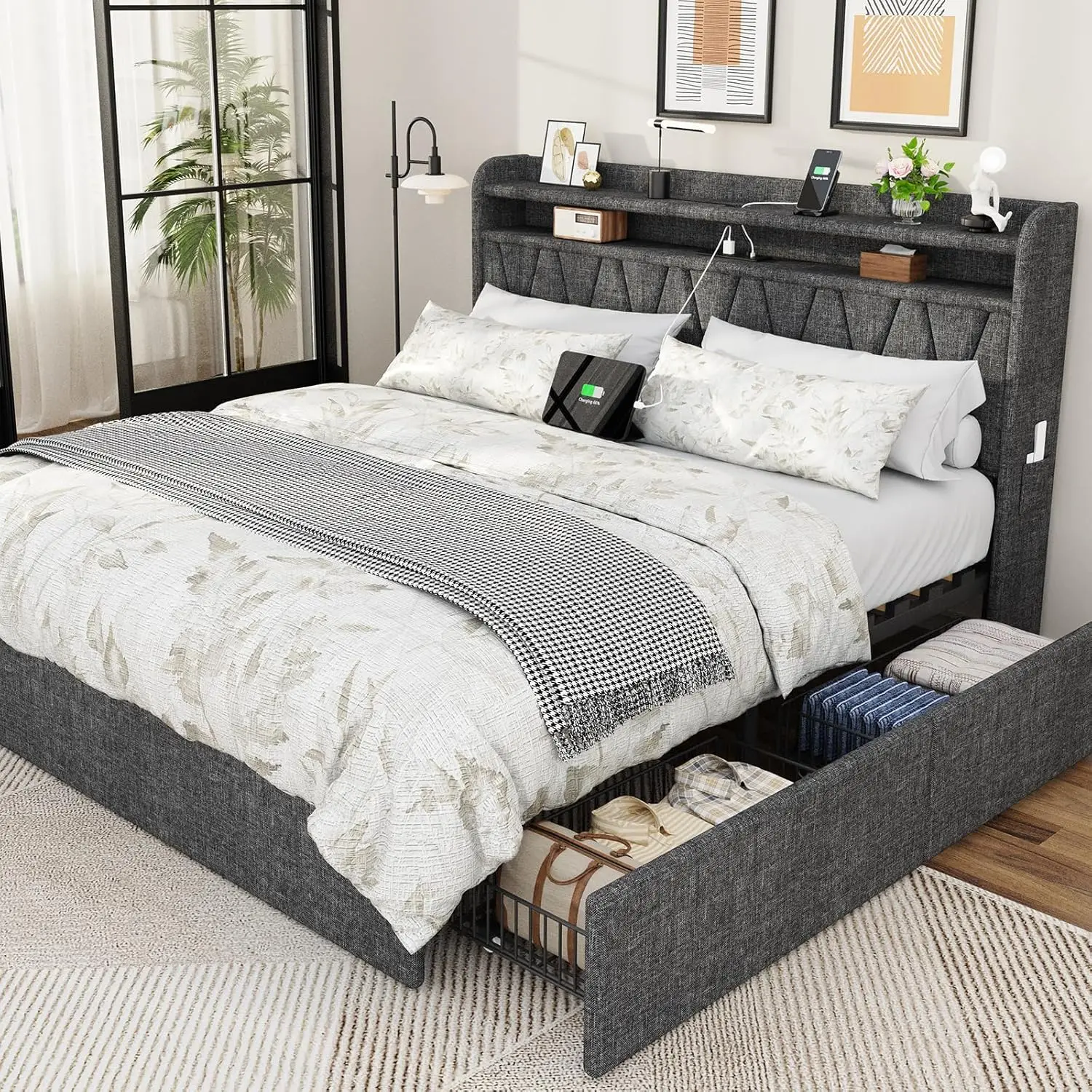 

King Size Bed Frame with Headboard and 4 Storage Drawers, Upholstered Platform Bed Frame King with Charging Station, no Box Spri