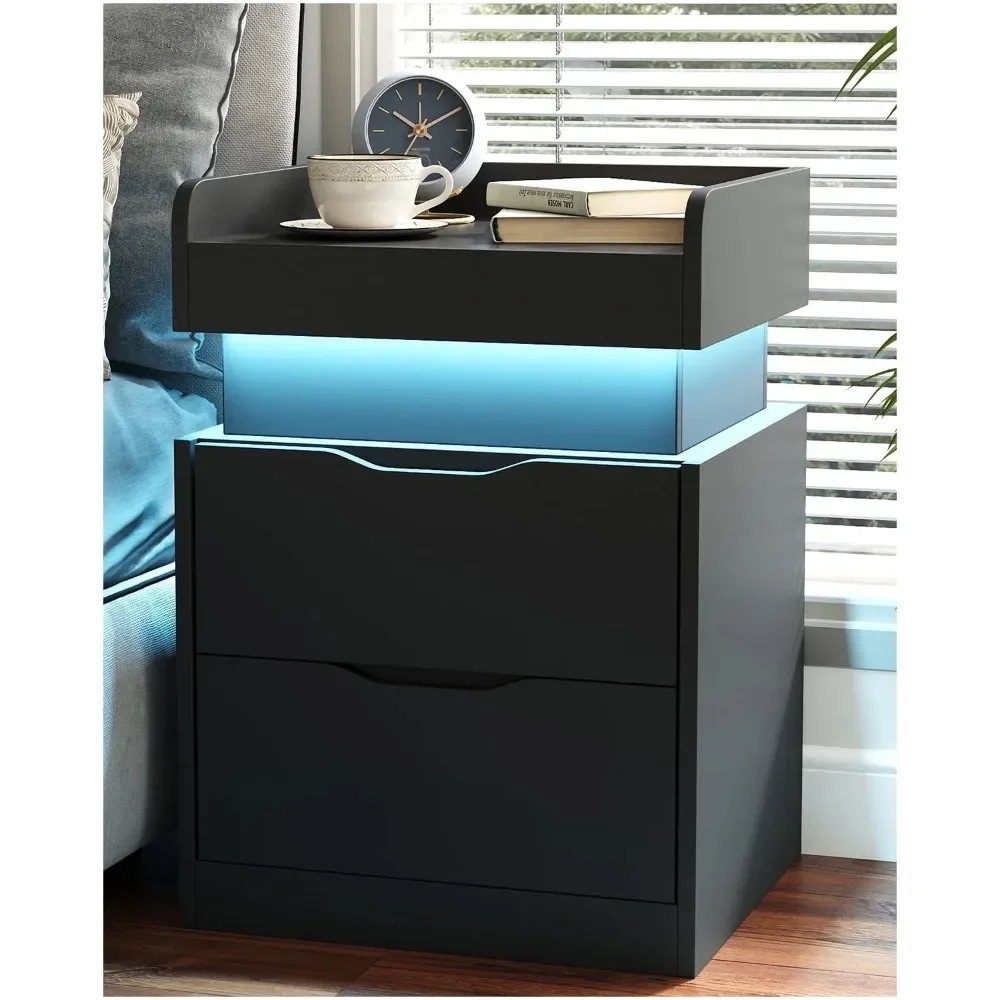 

Black Nightstand with Charging Station, LED Smart Nightstand with 3 Hidden Drawers, Modern Nightstand
