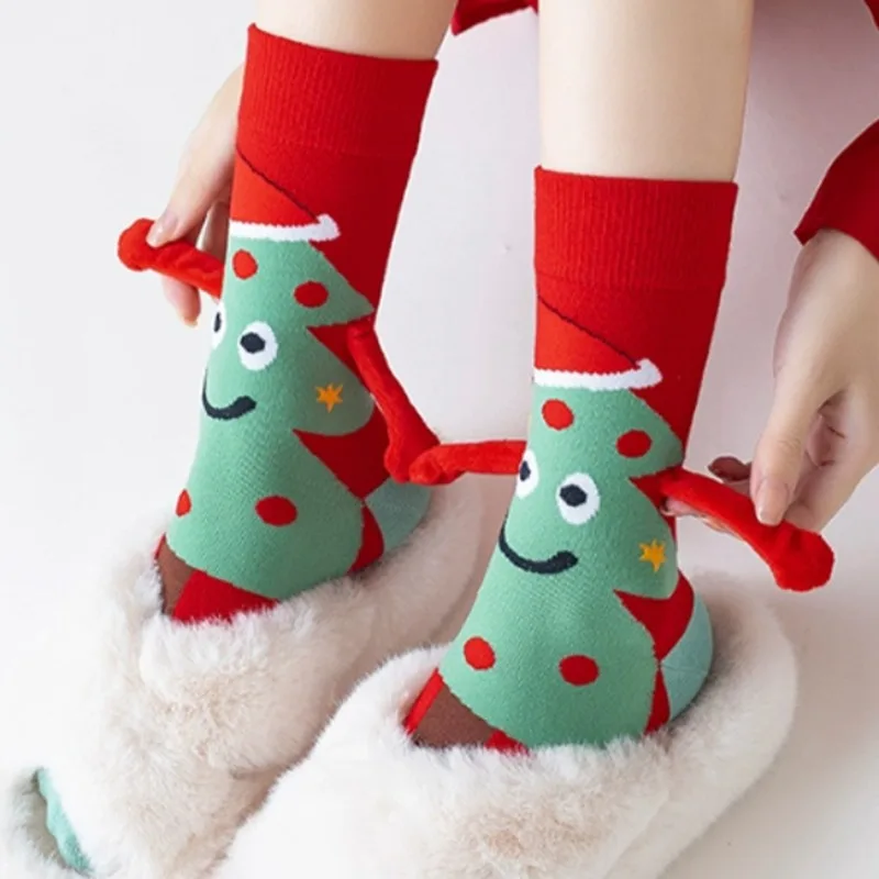 جديد الشتاء الكرتون سانتا كلوز الجوارب المغناطيسية شجرة عيد الميلاد زوجين المغناطيسي عقد الأيدي جورب الرجال النساء منتصف أنبوب جوارب قطنية #3