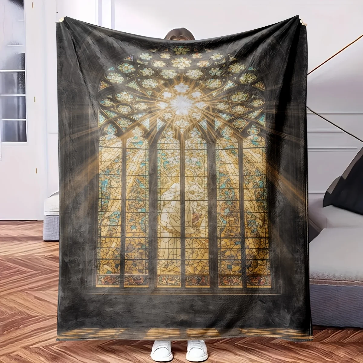 Aesthetic Stained Glass Window Throw Blanket Gothic Cathedral Print Cozy Nap Throw for Home Decor Winter Bed Blanket