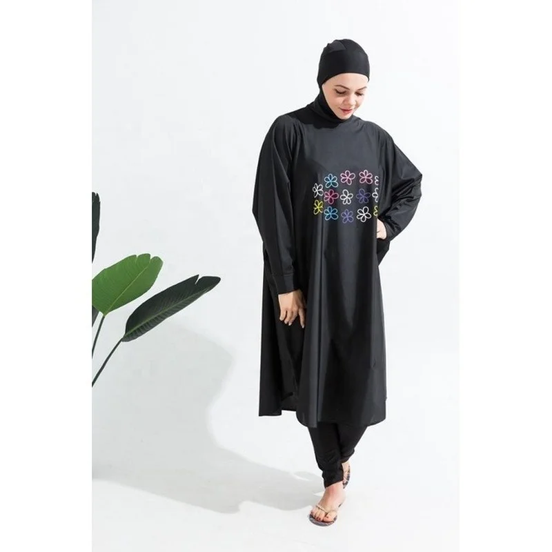 Mulheres muçulmanas roupa de banho beachwear impressão de tela 3 pçs roupas islâmicas hijab mangas compridas esporte maiô burkinis maiô morcego