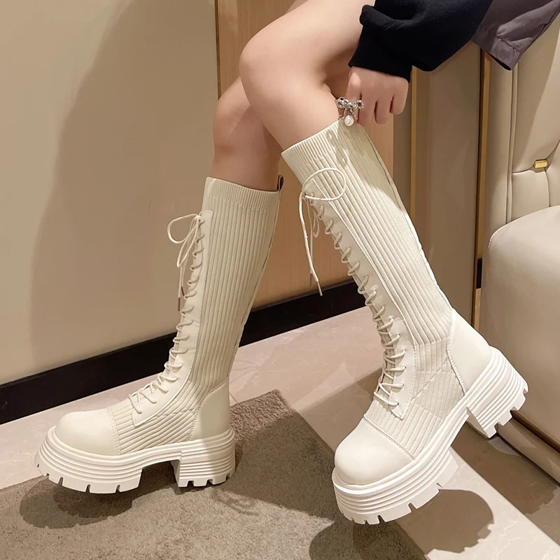 Rimocy 2023 Autumn Winter New Chunky Platform Long Boots Women Thick-soled Stretch Knitted Knee High Boots Woman Botas De Mujer