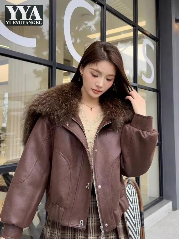 Women Faux Leather Winter Down Coat Fashion Raccoon Fur Collar Designer Coat Zipper Warm High Street Ladies Casual Outerwear