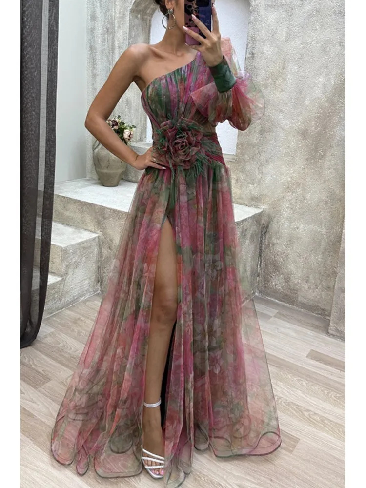 Elegant Oblique Shoulder Single-sleeve  Zipper High Slit Mesh Long Dress For Women Fashion Flower Decoration Party Dress Female