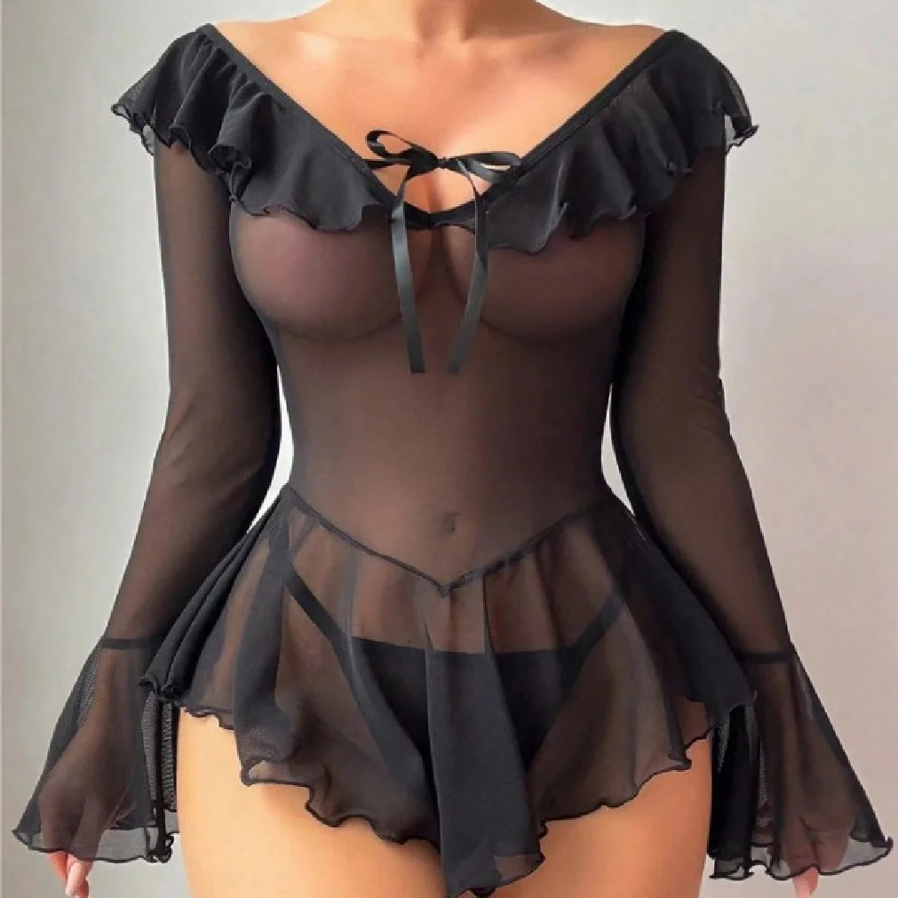 

Sexy See-through Lace Dress One-Shoulder Pure Desire Bell Sleeve Erotic Underwear for Women Transparent Mesh Gown