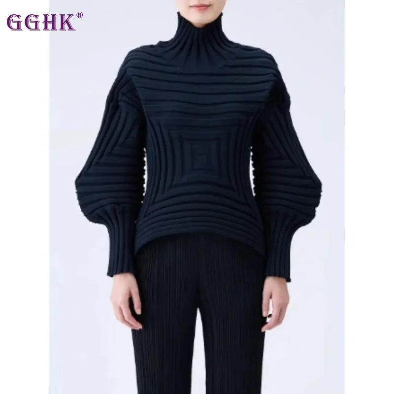 GGHK Pleated Women Knit Sweater 2025 Spring and Autumn New Solid Color Retro Original Design High Neck Long Sleeve Warm Shirt