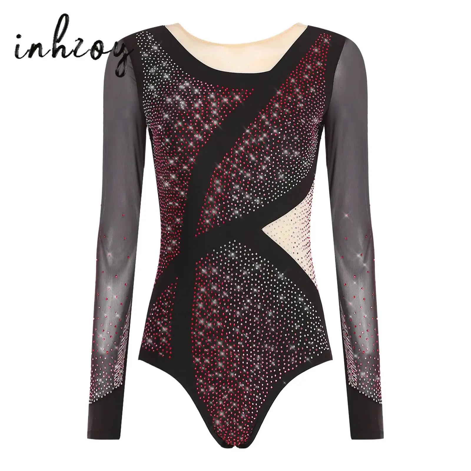 

Womens Glittery Rhinestone Lyrical Gymnastics Leotard Long Sleeve Mesh Ballet Latin Dance Bodysuit Figure Skating Jumpsuit