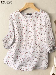 ZANZEA-Blusa holgada con estampado Floral para otoño, camisa elegante con volantes, manga 3/4, cuello redondo, informal, estilo bohemio, para vacaciones