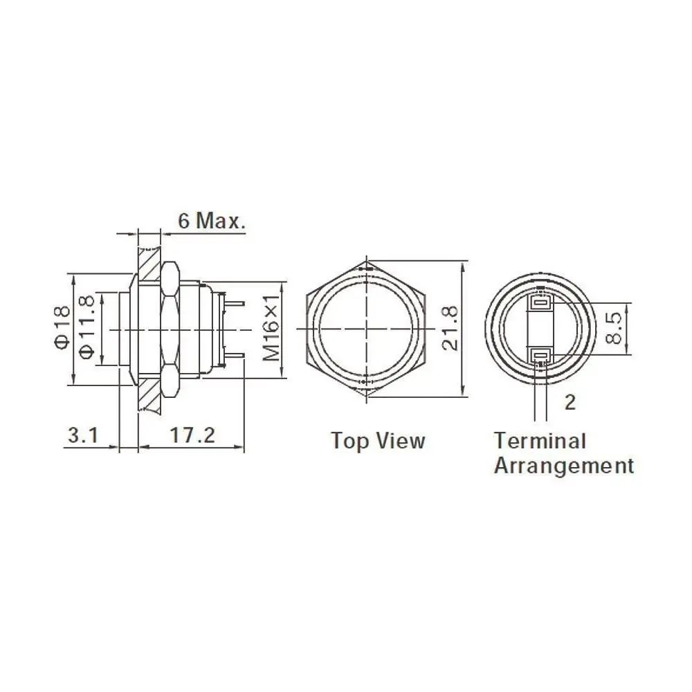 20 pieces 16mm 36V/DC 2A 1xOff/On nickel plated brass Soldering terminal Vandal-proof short body button switch