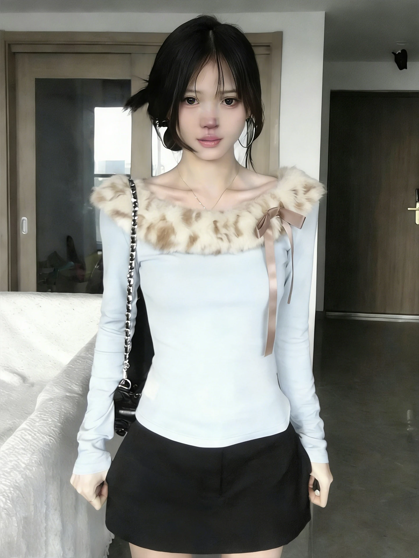 

Топ с открытым плечом и меховым воротником с леопардовым принтом, женский зимний облегающий топ с открытыми плечами, милый и стильный