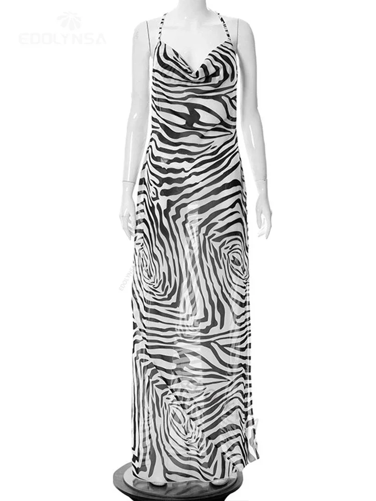 2024 Sexy Spaghetti Strap Side Split Beach Dress Summer Sundress Women Clothes Elegant Zebra Back Open Club Party Dresses A1144