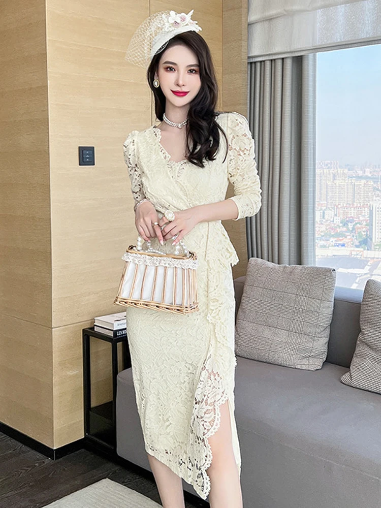 여성용 우아한 연회 드레스, 달콤하고 로맨틱한 레이스 버블 소매, 스플릿 러플 로브, 여성 파티/프롬 드레스