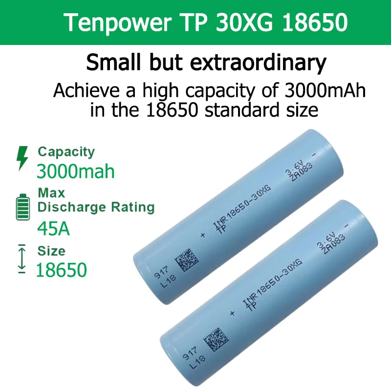 

Аккумулятор Tenpower TP 30XG INR 18650, 3000 мАч, с низким саморазрядом, малый размер, высокая производительность, перезаряжаемый, для электроинструментов