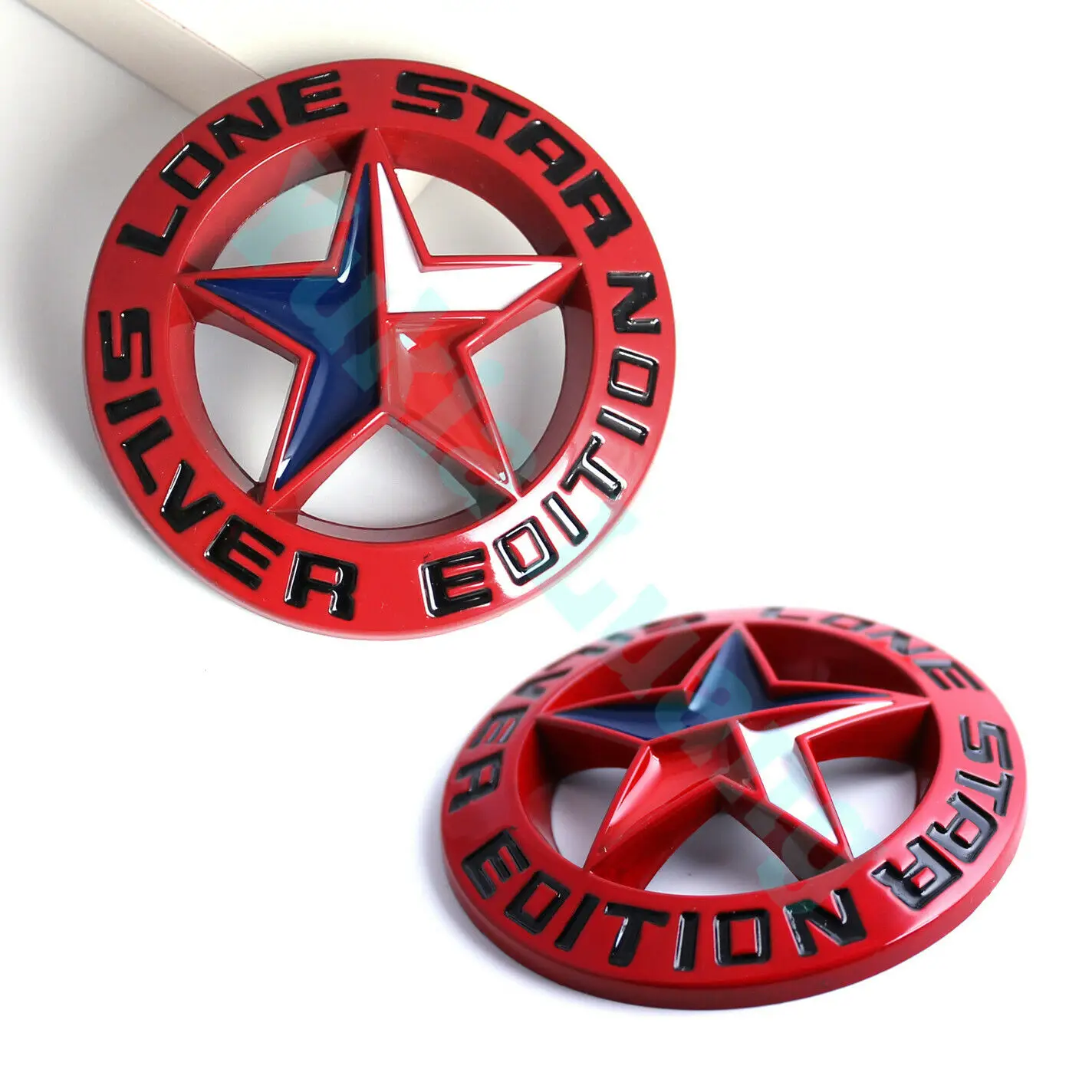 

2x Red LONE STAR SILVER EDITION Texas Emblem Metal Alloy Badge Universal