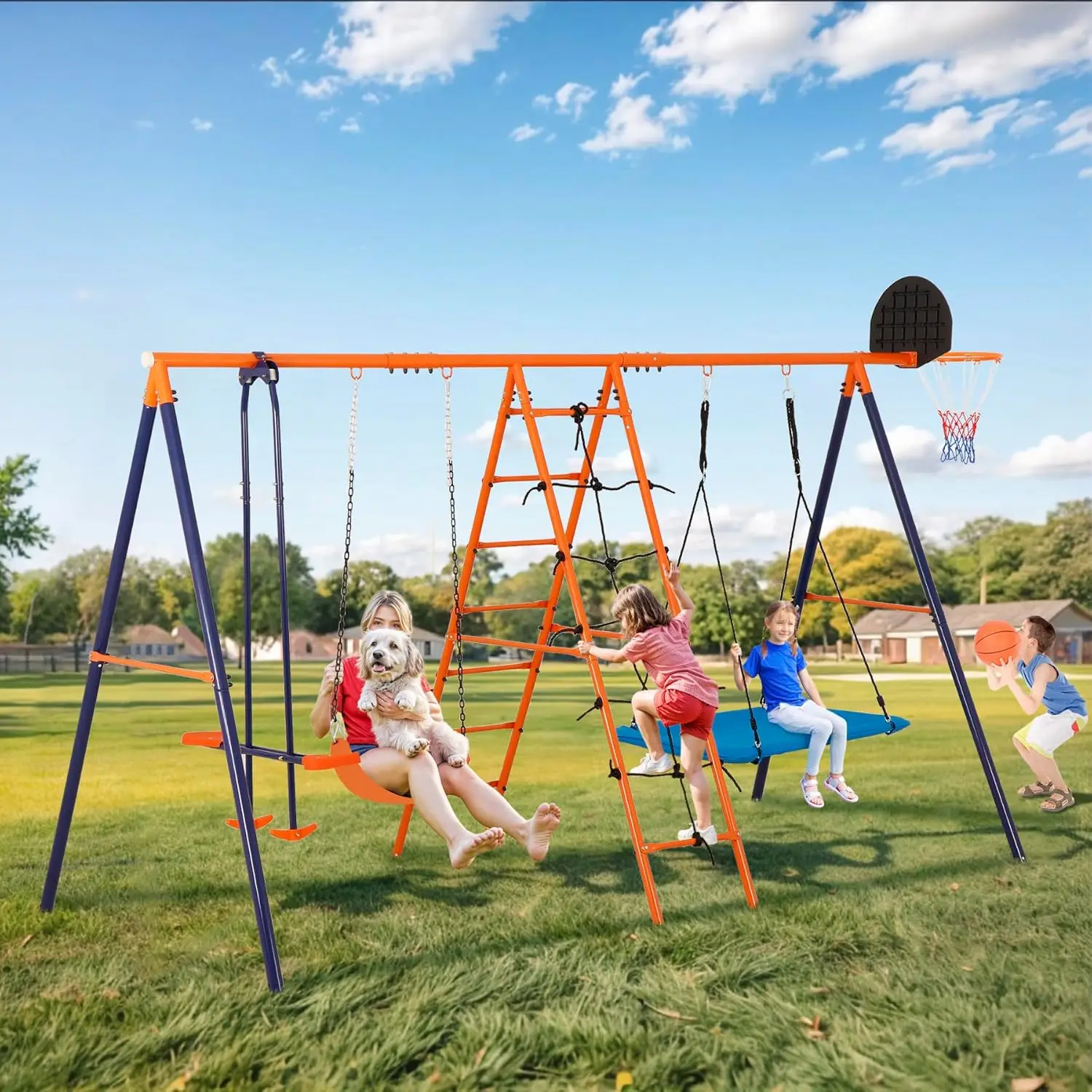 Outdoor Metal Swing Set for Kids, Heavy-Duty Metal Playground Set with Swings, Climbing Ladder, Trapeze Bar & Basketball Hoop, 6