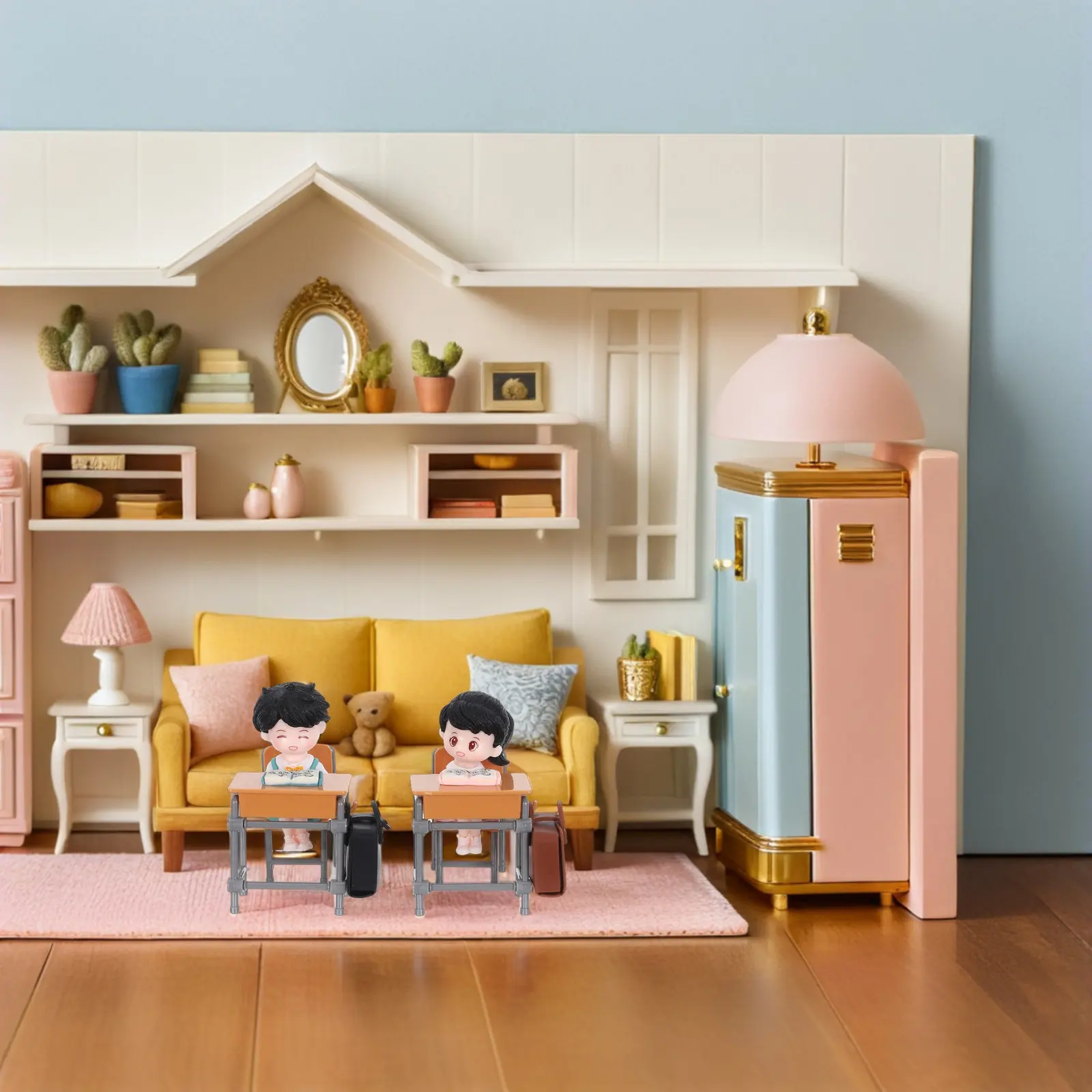 

1 Set Miniature School Desk Chair Set Mini Schoolbags Books Classroom Decor Pretend Play Dollhouse Accessories