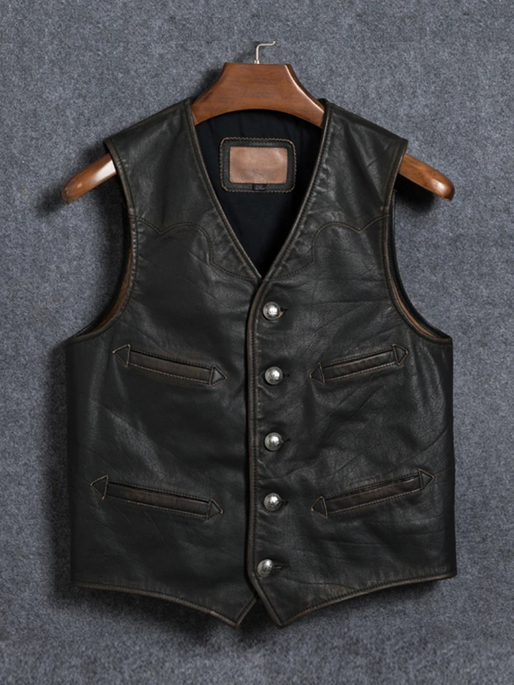 YR!Free shipping.Vintage Japan style vest.high quality tea core cowhide vest.Plus classic men genuine leather coat.gentleman